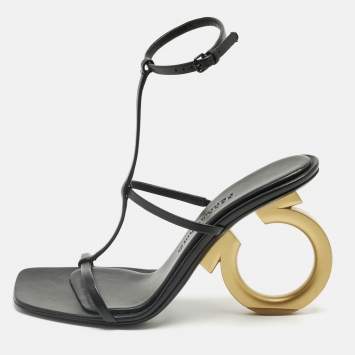 Pre Owned Salvatore Ferragamo Black Leather Elina X5 Sandals Size 39.5