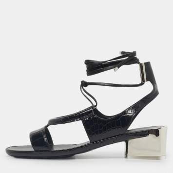 Pre Owned Salvatore Ferragamo Black Croc Embossed Leather Glorja Sandals Size 39