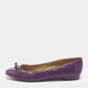 Pre Owned Salvatore Ferragamo Purple Quilted Patent and Leather Bow Ballet Flats Size 40.5