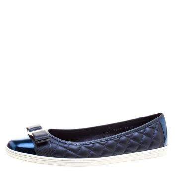 Pre Owned Salvatore Ferragamo Metallic Blue Quilted Leather Rufina Sneaker Ballet Flats Size 41.5