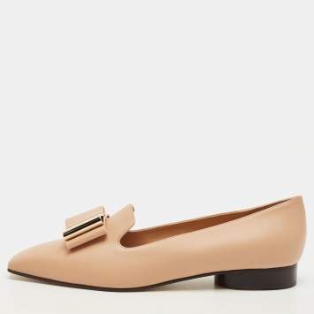 Pre Owned Salvatore Ferragamo Leda Size 40 Beige Leather Bow Smoking Slippers