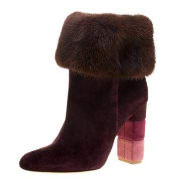 Pre Owned Salvatore Ferragamo Burgundy Suede Loris Fur Trim Ankle Boots Size 38.5
