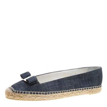 Pre Owned Salvatore Ferragamo Mandy Denim Printed Suede Espadrille Flats Size 40.5