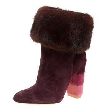 Pre Owned Salvatore Ferragamo Burgundy Suede Loris Fur Trim Ankle Boots Size 37.5