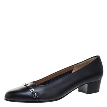 Pre Owned Salvatore Ferragamo Dark Blue Leather Logo Chain Detail Block Heel Pumps Size 38