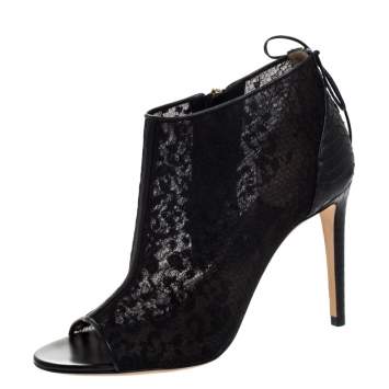 Pre Owned Salvatore Ferragamo Black Python Trim And Lace Nufus Peep Toe Ankle Boots Size 37.5