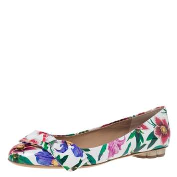 Pre Owned Salvatore Ferragamo White Floral Print Patent Leather Avola Bow Ballet Flats Size 39.5