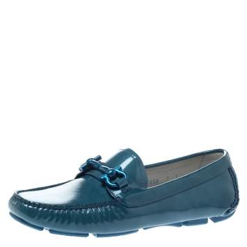 Pre Owned Salvatore Ferragamo Blue Coated Leather Gancio Driver Loafers Size 37.5 