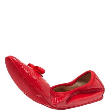 Pre Owned Salvatore Ferragamo Red Patent Leather Scrunch Bow Ballet Flats Size 40.5