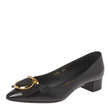 Pre Owned Salvatore Ferragamo Black Leather Bow Pointed Toe Flats Size 35.5
