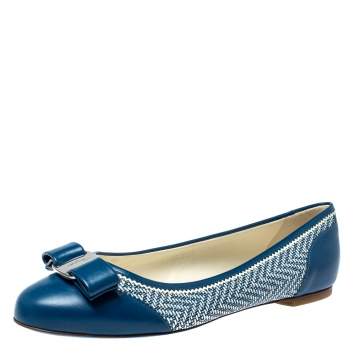 Pre Owned Salvatore Ferragamo Blue Embossed Textured Leather Vara Bow Ballet Flats Size 38