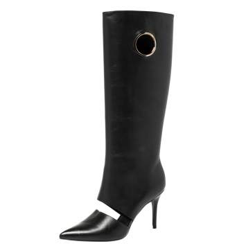 Pre Owned Salvatore Ferragamo Black Cutout Leather Eyelet Knee Boots Size 38.5