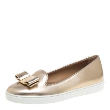 Pre Owned Salvatore Ferragamo Gold Leather Novello Bow Slip On Sneakers Size 36.5