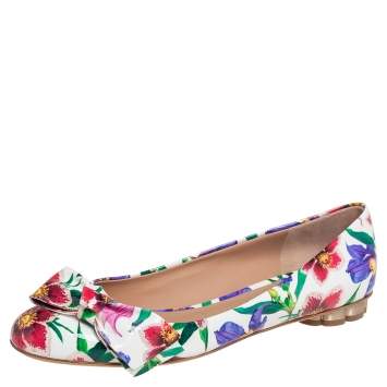 Pre Owned Salvatore Ferragamo White Floral Print Patent Leather Avola Bow Ballet Flats Size 39