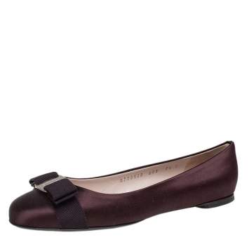 Pre Owned Salvatore Ferragamo Dark Brown Satin Vara Bow Ballet Flats Size 38
