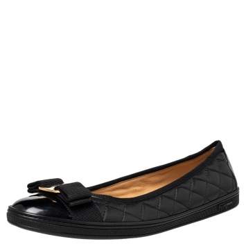 Pre Owned Salvatore Ferragamo Black Leather Vara Bow Ballet Flats Size 38