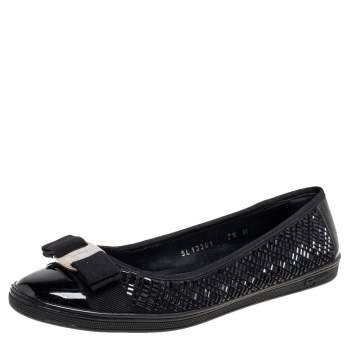 Pre Owned Salvatore Ferragamo Black Crystal Embellished Fabric and Patent Leather Vara Bow Ballet Flats Size 38