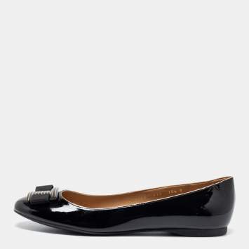 Pre Owned Salvatore Ferragamo Black Patent Leather Bow Ballet Flats Size 41