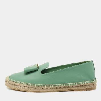 Pre Owned Salvatore Ferragamo Green Leather Sannio Espadrille Flats Size 40