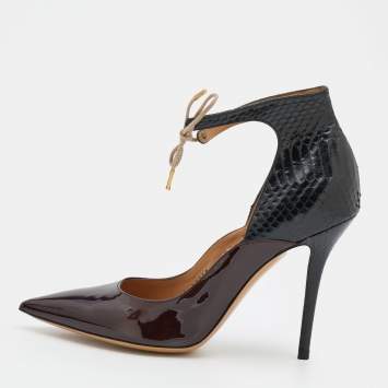 Pre Owned Salvatore Ferragamo Black/Burgundy Patent Leather and Snakeskin Lace Up Pumps Size 39