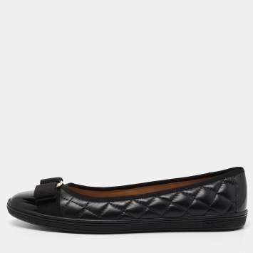 Pre Owned Salvatore Ferragamo Black Leather Cap Toe Vara Bow Ballet Flats Size 38