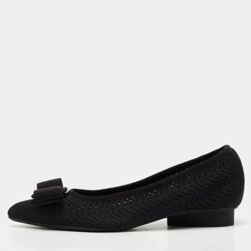 Pre Owned Salvatore Ferragamo Black Knit Fabric Viva Bow Ballet Flats Size 38.5