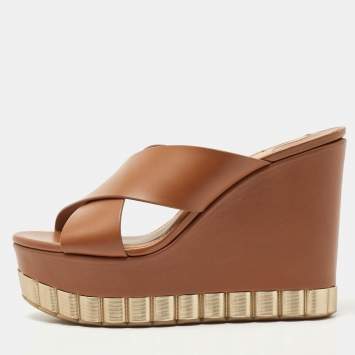 Pre Owned Salvatore Ferragamo Brown Leather Nicosia Wedge Sandals Size 36.5