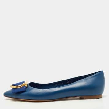 Pre Owned Salvatore Ferragamo Blue Leather Gancini Ballet  Flats Size 37.5
