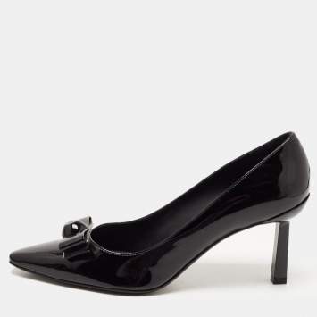 Pre Owned Salvatore Ferragamo Black Patent Leather Vara Bow Pumps Size 39.5