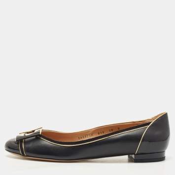 Pre Owned Salvatore Ferragamo Black Leather and Suede Missy Ballet Flats Size 40.5
