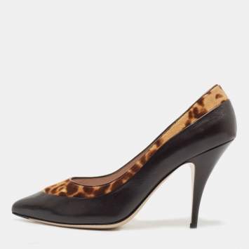 Pre Owned Salvatore Ferragamo Black/Leopard Print Leather Pointed Toe Pumps Size 41