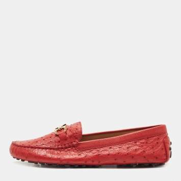 Pre Owned Salvatore Ferragamo Red Ostrich Saba Loafers Size 41.5 