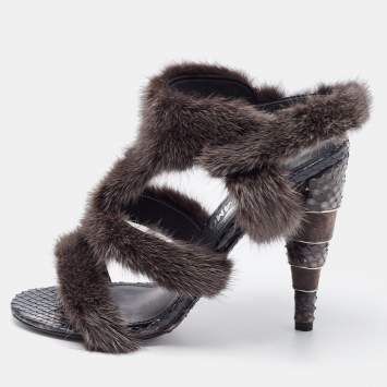 Pre Owned Salvatore Ferragamo Brown Mink Fur and Python Leather Cage Sandals Size 39