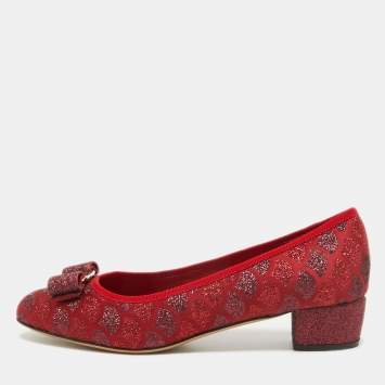 Pre Owned Salvatore Ferragamo Red Glitter Vera Bow Pumps Size 39