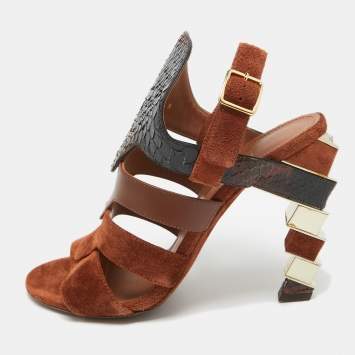 Pre Owned Salvatore Ferragamo Brown Suede and Python Laos Slingback Sandals Size 37.5