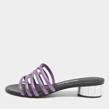 Pre Owned Salvatore Ferragamo Purple/Black Leather Finn Slide Sandals Size 38.5
