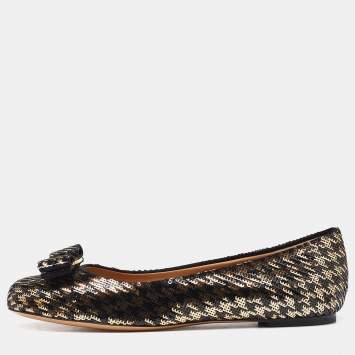 Pre Owned Salvatore Ferragamo Black/Gold Sequin Varina Ballet Flats Size 37.5