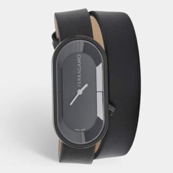 Pre Owned Salvatore Ferragamo Black PVD Coated Stainless Steel Leather Curve SFK300423 Women's Wristwatch 23 mm