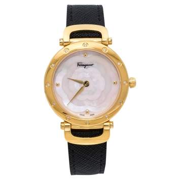 Pre Owned Salvatore Ferragamo Pink Mother Of Pearl Gold Plated Stainless Steel Leather Diamond Style SFDM Women's Wristwatch 34 mm
