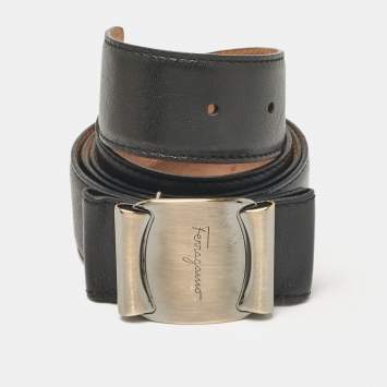 Pre Owned Salvatore Ferragamo Black Leather Metal Bow Belt 90CM