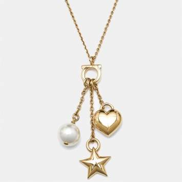 Pre Owned Salvatore Ferragamo Faux Pearl Gold Tone Necklace