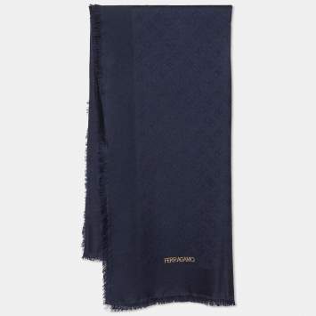 Pre Owned Salvatore Ferragamo Gancini Navy Blue Wool Silk Scarf