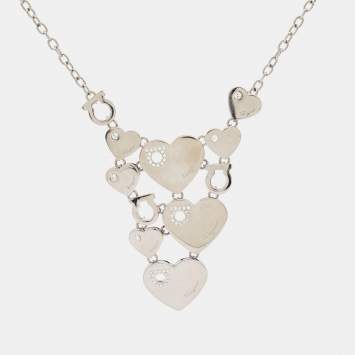 Pre Owned Salvatore Ferragamo Hearts Crystals Silver Tone Necklace