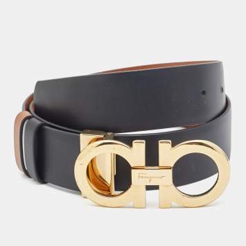 Pre Owned Salvatore Ferragamo Black/Tan Leather Gancini Buckle Reversible Cut to Size Belt