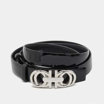 Pre Owned Salvatore Ferragamo Black Patent Leather Gancini Buckle Reversible Belt 110 CM