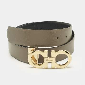 Pre Owned Salvatore Ferragamo Beige/Black Leather Gancini Cut to Size Reversible Belt