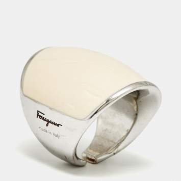 Pre Owned Salvatore Ferragamo White Enamel Silver Tone Ring Size 54 
