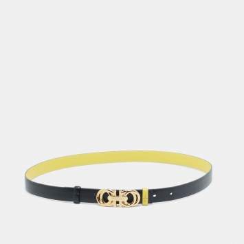 Pre Owned Salvatore Ferragamo Yellow/Black Leather Double Gancini Reversible Slim Belt