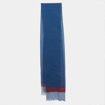 Pre Owned Salvatore Ferragamo Blue Striped Printed Cotton Fringed Scarf