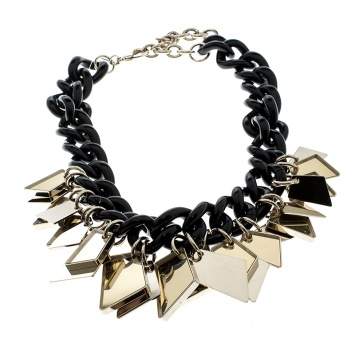 Pre Owned Salvatore Ferragamo Gold Tone Tags Black Resin Link Chain Necklace